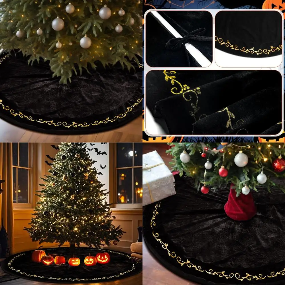 

Бархатная юбка в виде рождественской елки 84-дюймовая — золотая вышивка, винтажные сувениры для вечеринок, праздничный декор в деревенском стиле (черный)