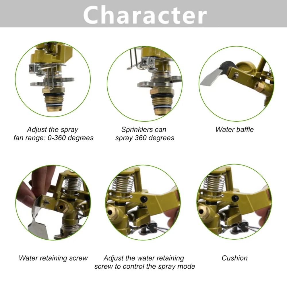 G1/2 Thread Impact Sprinkler Head Heavy Duty 0-360 Degree Rocker Arm Sprinkler Easy Installation Zinc Alloy Lawn Sprinkler Head