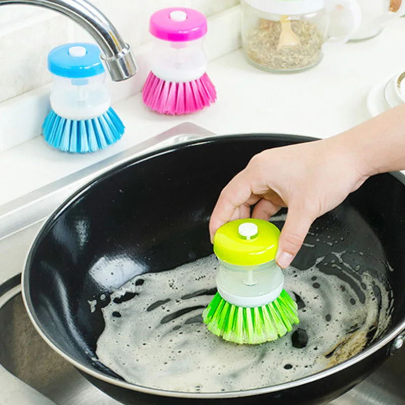 Hydraulic Add Liquid Soap Dispenser Washing Brush Pot Dish Bowl Sink Cleaning Brushes Scrubber Hand Kitchen Tools Random Color