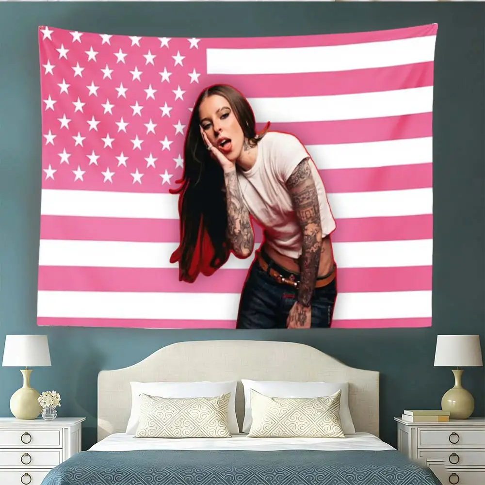 Y2K Aesthetic Tattooed Lady Tapestry Fashion Female Portrait Pink US Flag Art Print Polyester Wall Hanging Decor Cloth