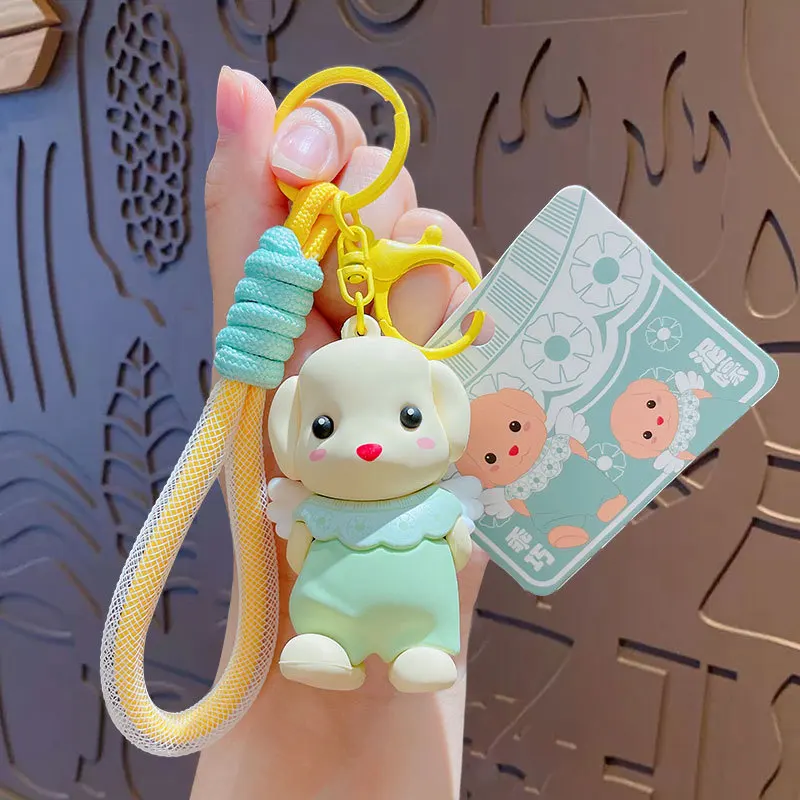 Cartoon Swim Goggles White Coat Belle Dog Play Water Gun Key Chain Bag Pendant Cute Pink Bib Angel Wings Dog Animal Keyring Gift