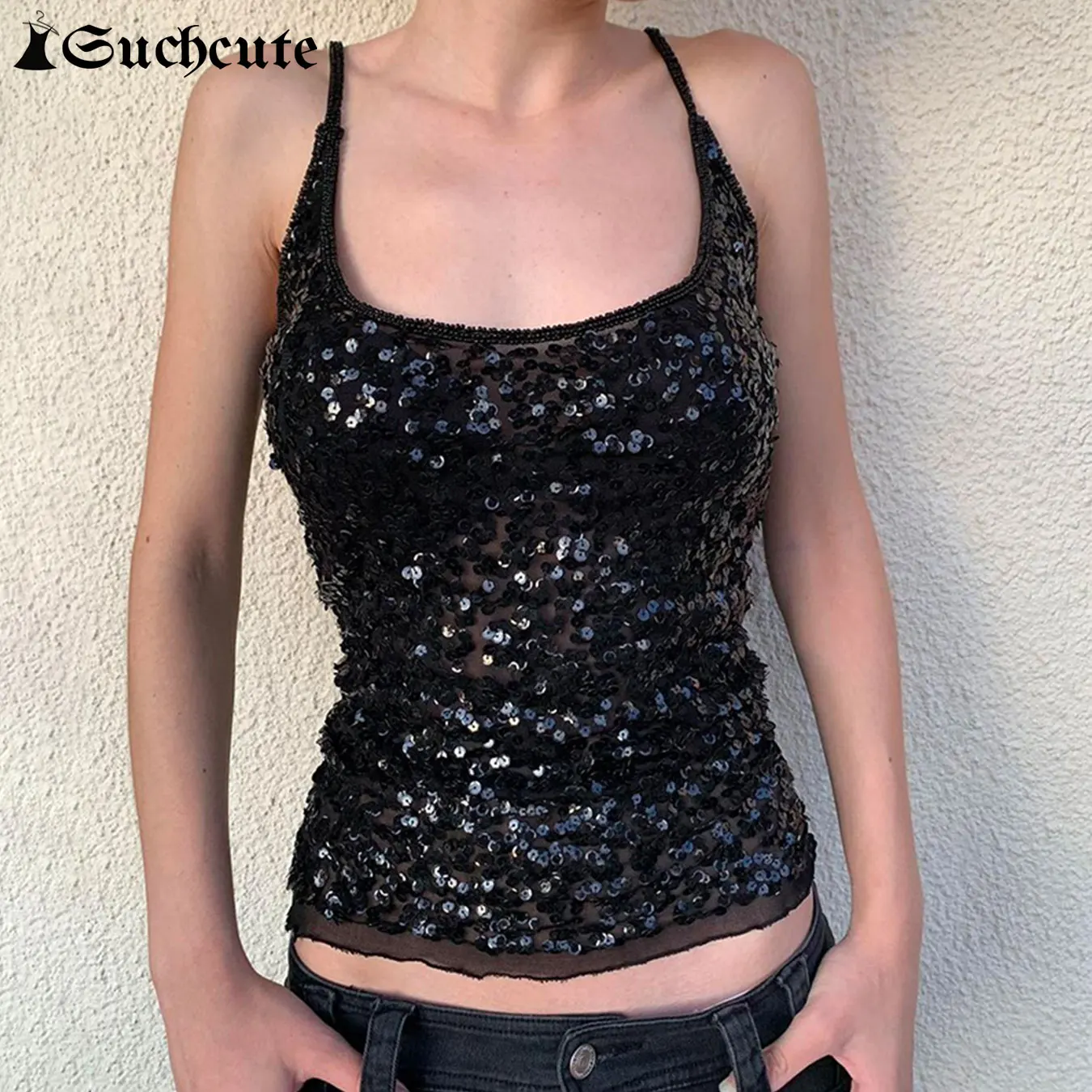 SUCHCUTE Chic Sleeveless Shiny Sequin Spaghetti Strap Vests Sexy Square Neck Camisole Women Summer Fashion Tops Streetwear Party