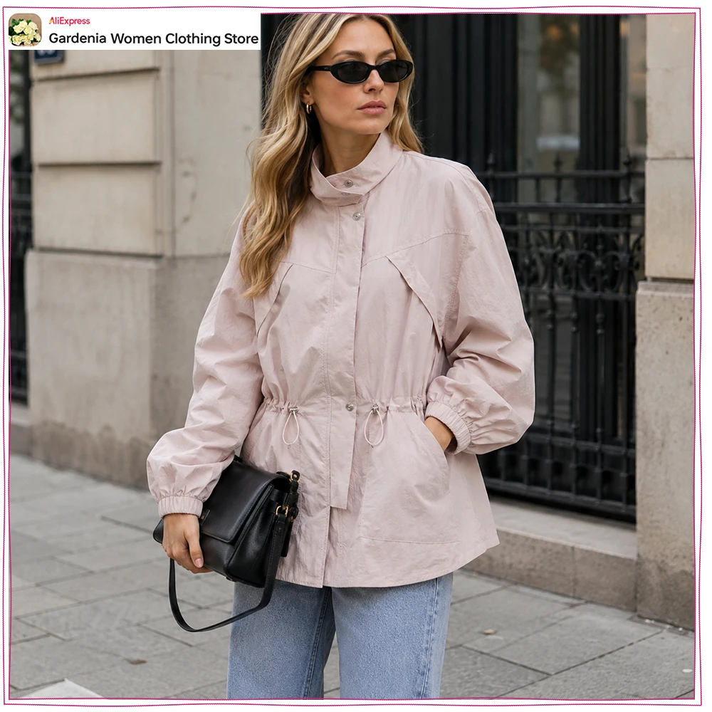 New in Stylish Pink Stand-Up Collar Zippered Jackets for Women Elegant Chic Elastic Waist Drawstring Jackets with Elastic Cuffs