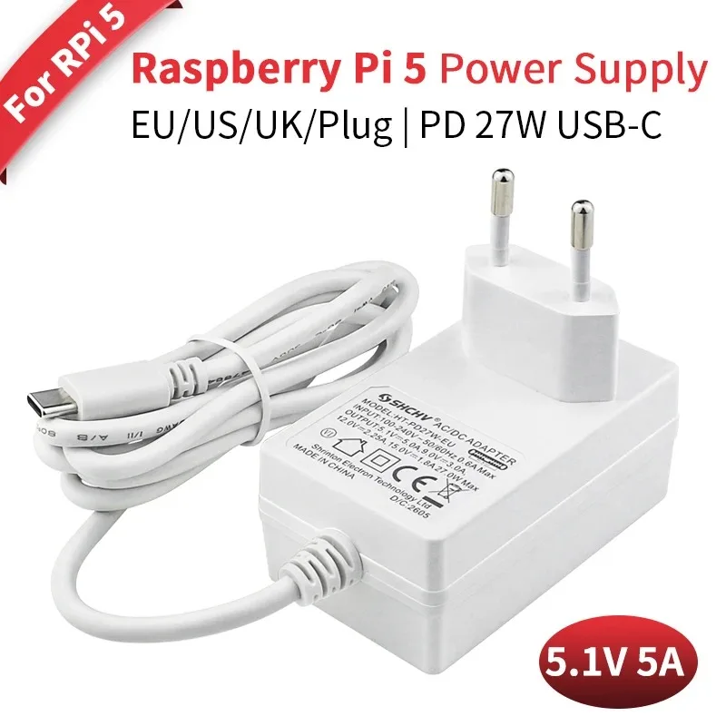 Raspberry Pi 5 Power Supply 27W PD USB-C Charger, 5V 5A Type C Power Adapter with 1.2M Cable, US UK EU Plug for RPI 5