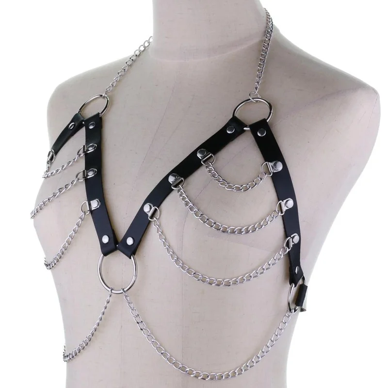 Decopunk Set Layered Leather Chain Goth Body Harness Belts Bra Hollow Out Crop Top Long Tassel Tank Tops For Costume Party