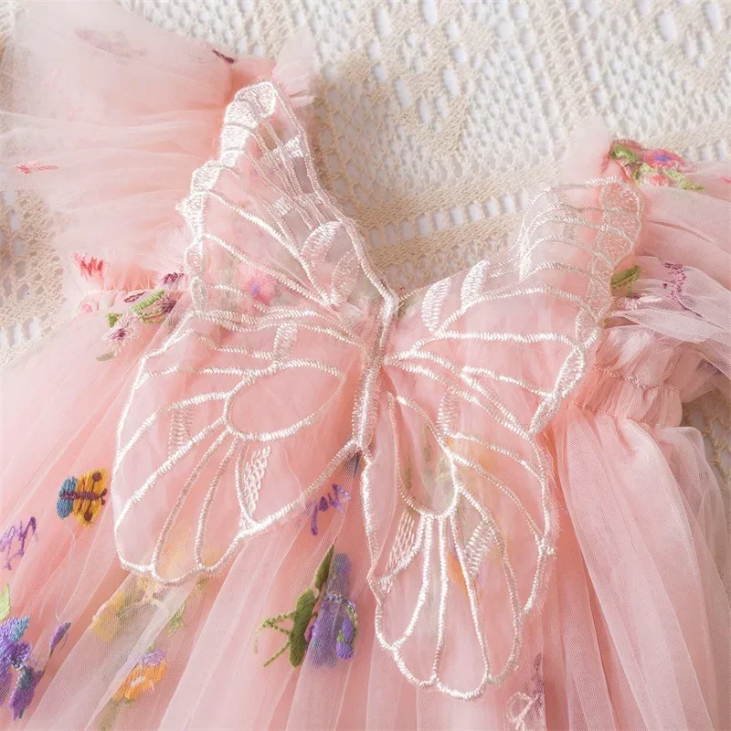 Summer Girls\' Princess Party Birthday Dress Sweet Baby Girls Dresses Back Bow Wings Fairy Strap Embroidered Butterfly Mesh Dress