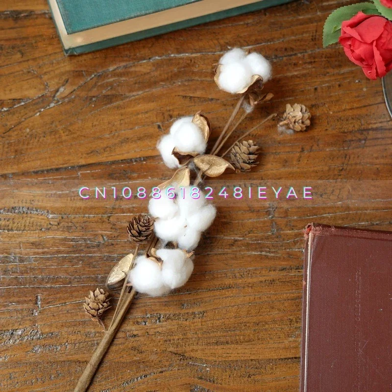

Рождественские хлопковые сушеные цветы, настоящие цветы, большие ветки, проволочный стержень ручной работы, букет, цветочная композиция, украшение
