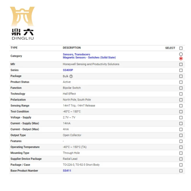SS411P  Digital switch bipolar switch Magnetic Sensors TO-226-3, TO-92-3 Short Body   SS411P MAGNETIC SWITCH BIPOLAR RADIAL