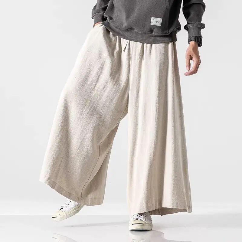 100% Linen Japanese Style Pants Men Spring Autumn Dark Yamamoto Style Trousers Loose Straight Wide Leg 90s Baggy Plain Patalon