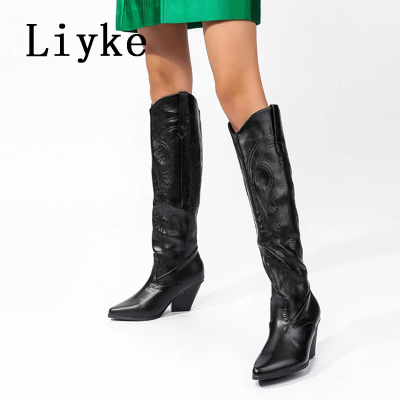 

Винтажные черные ковбойские сапоги Liyke до колена, модные кожаные сапоги с вышивкой, на низком квадратном каблуке, женские ботинки-полусапожки Mujer