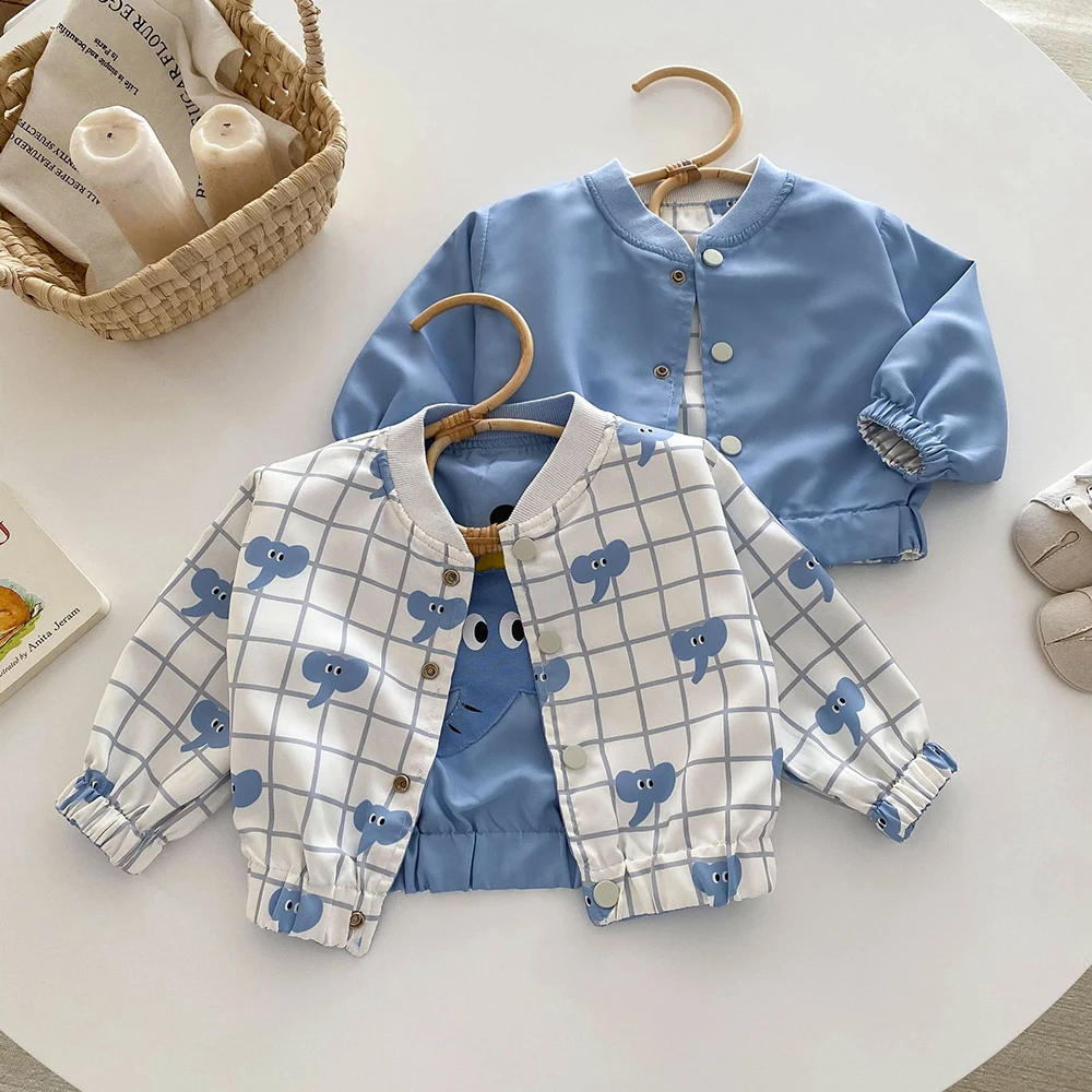 Children's Double-Sided Outerwear Spring Autumn Kids Boys Cartoon Baseball Uniform Coats Baby Boy Long Sleeve Plaid Jacket Tops