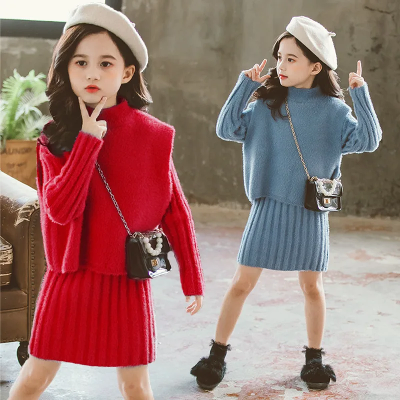 

Girls Clothing set 2023 Autumn Warm Thick Knitted Sweater Dress Set Children Costume 6 8 10 12 Years Kids Girls Winter Clothes