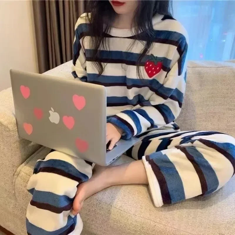 Thickened Warm Pyjamas Set for Women‘s Coral Velvet Sleepwear Student Long Sleeve Blue Striped Nightwear Homewear Cartoon Cute image 3
