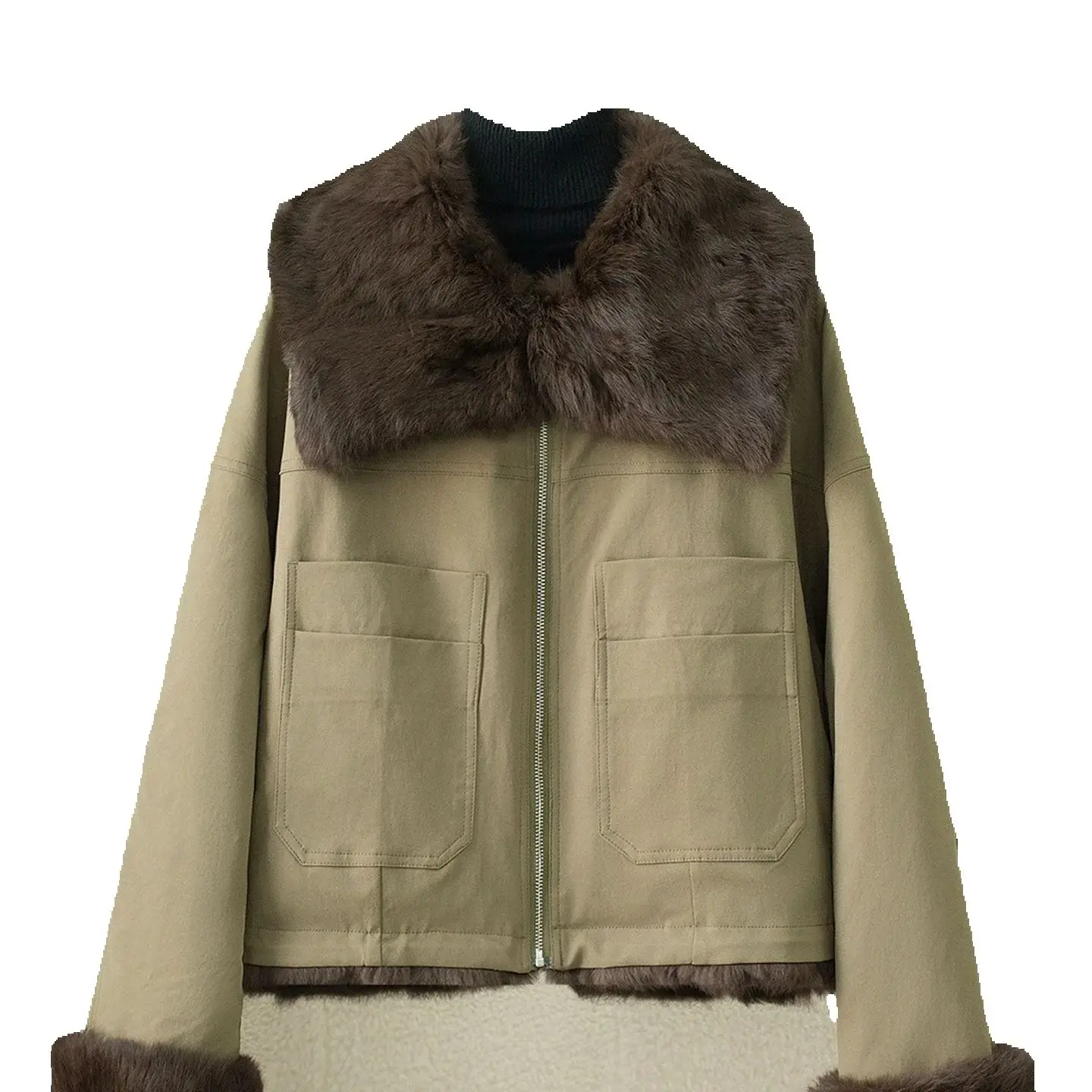 A new young women's 2025 fur parka with a large lapel and rabbit fur coat