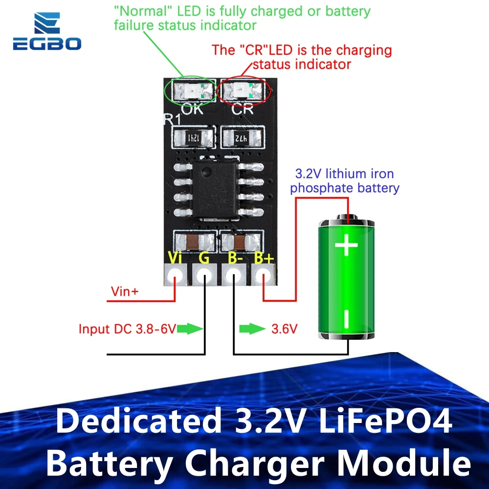 Dedicated LiFePO4 Battery Charger Module, 3.6V 1A CV/ CC, Overvoltage Protection, Automatic Recharge, Low-Power Sleep Mod, 3.2V