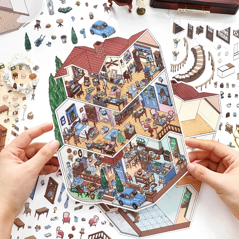 

Mr.Paper 2 Packs Little Corner Vol.10 Series 2.5D Scene Stickers, PET+White Card Large Size DIY Diorama Stickers for Journal