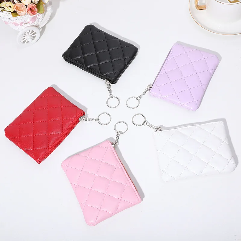 Unisex Coin Wallet Key Chain PU Leather Zip Fashion Small Purse Money Designer Diamond Pattern Short Change Pouch Coin Purses