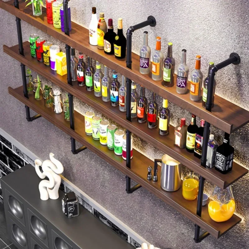 

Wooden Wine Rack Living Room Hotel Mini Bar Showcases Furniture with Light Industrial Wall Wrought Iron Bar Wine Display Cabinet
