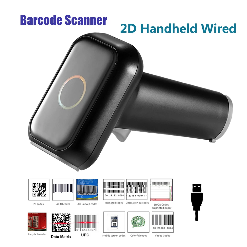 

New Design 2D Barcode Scanner Wired Handheld Global Exposure 1D 2D QR code Data Matrix PDF417 USB Reader for Retail Supermarket