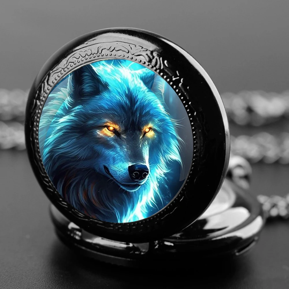 Regalos delicados Reloj de bolsillo de cuarzo Diseño de lobo láser Collar de cúpula de cristal Reloj colgante para hombres y mujeres