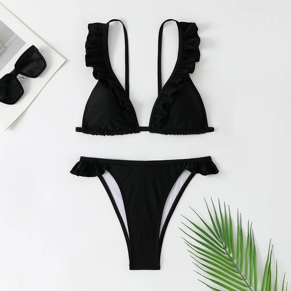 

2025 Sexy Micro Thong Bikinis Sets Two Pieces Swimsuit Black Bikini Frill Swimwear Female Brazilian Biquini Ruffle Bathing Suit