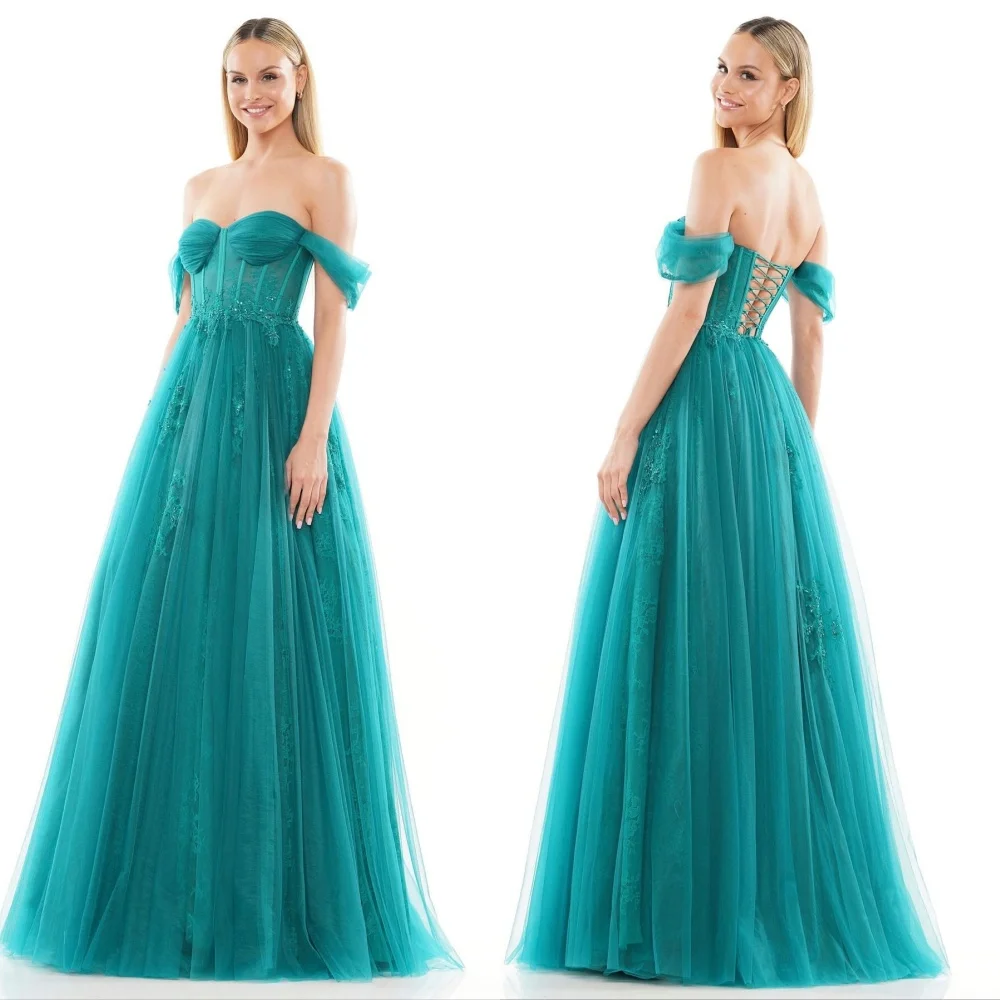 

Customized Pastrol Chinese Style Tulle Lace Applique Sequined A-line Off-the-shoulder Long Dresses Bespoke Occasion Dresses Sexy