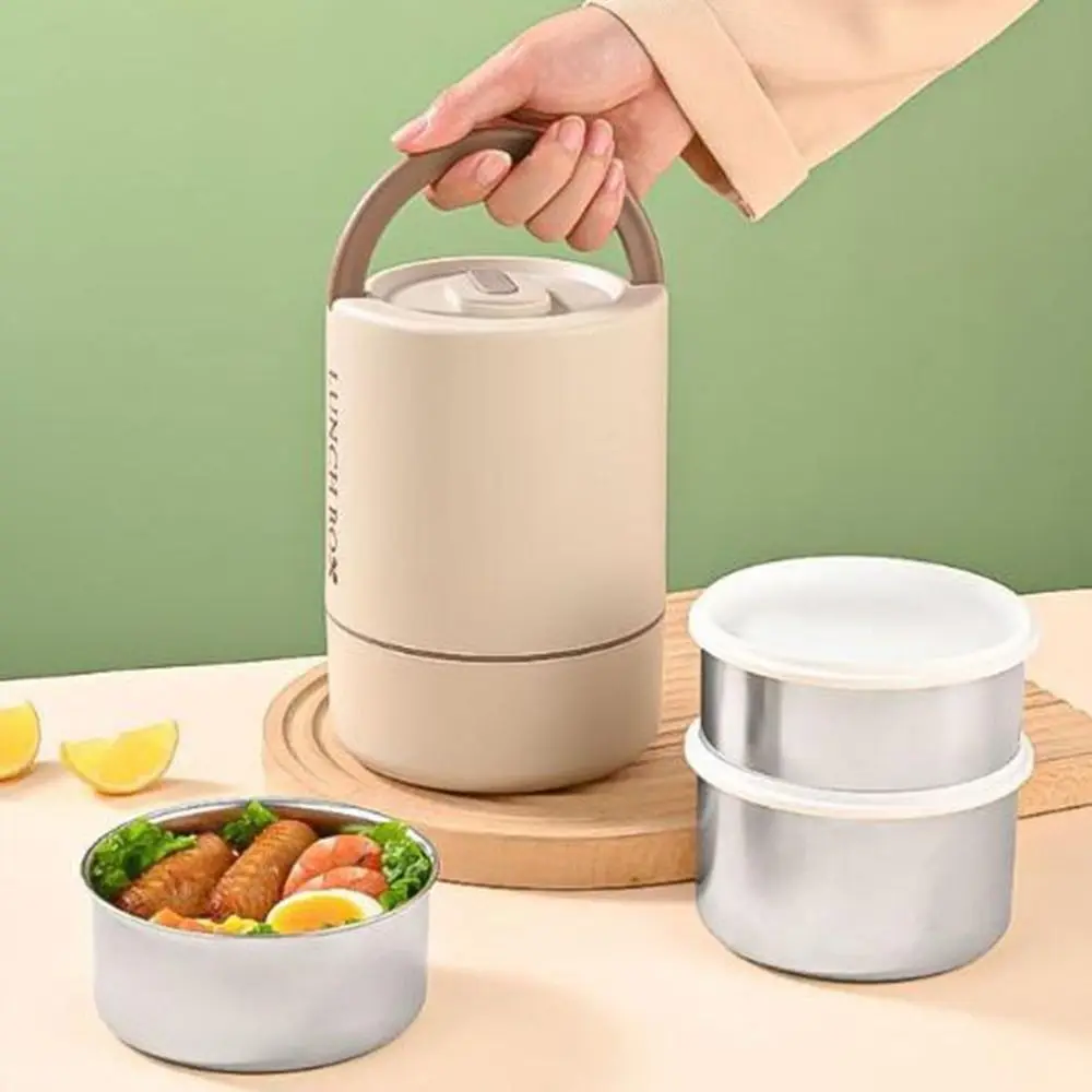 

Portable Stainless Steel 3 Layers Lunch Box Round Sealed Thermal Lunch Box with Spoons Large Capacity Lunch Container Set Picnic