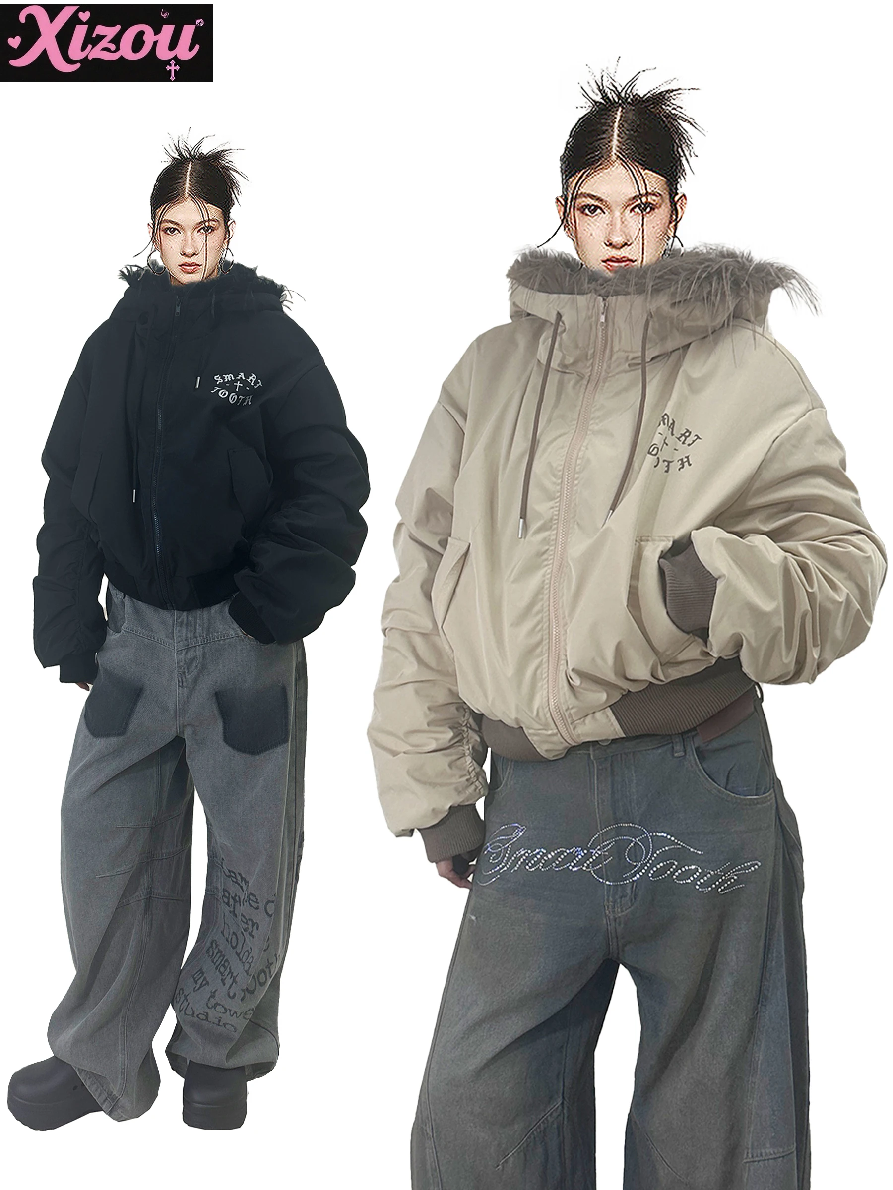 

Японская зимняя бархатная хлопковая куртка с меховым воротником и капюшоном, 2023 г., в стиле панк, субкультура Y2k, свободные короткие пальто для женщин