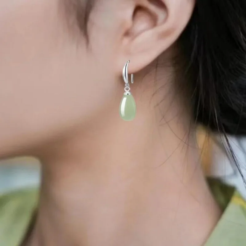 Retro Palace Einfache Hotan Jade 316L Edelstahl Frauen Ohrringe Klassische Elegante Ethnische Schmuck Jahrestag Geschenk