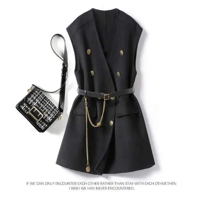 Korean Style Woolen Vest Women's Mid-Length V-Neck Double Button Waist Belted Cardigan Shoulder Top Casual Style Spring Autumn