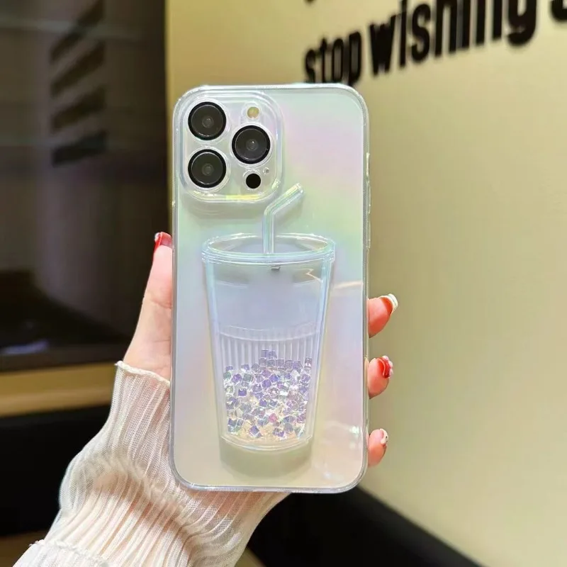 Fashion Milk Tea Cup Laser Quicksand Phone Case For iPhone 16 15 14 13 12 11 Pro Max Plus Transparent Gradient Shockproof Cover