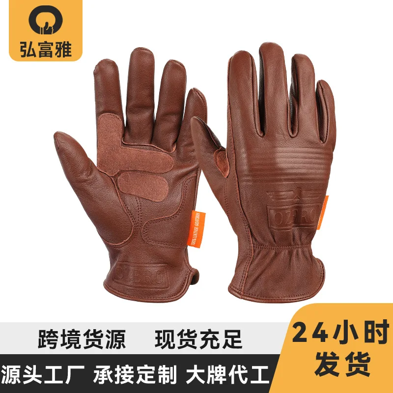 Authentic Leather Sheepskin Riding Gloves Retro Palm Gato Wear-Resistant Men's off-Road Motorcycle Racing Motorbike Gloves