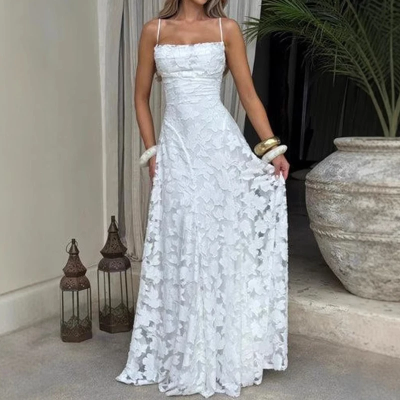 Boho New Sexy Sleeveless Backless Dress Elegant Jacquard Crochet Lace Prom Dresses Summer Solid Slash Neck Embroidery Long Dress