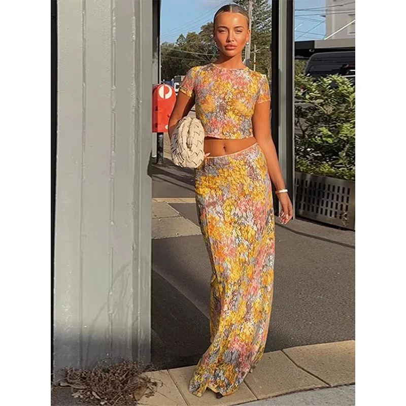Sexy Lace Printed See Through Two Piece Set Women Slim O-Neck Short Sleeve Crop Top Bodycon Long Skirt Beach Party Outfit 2026