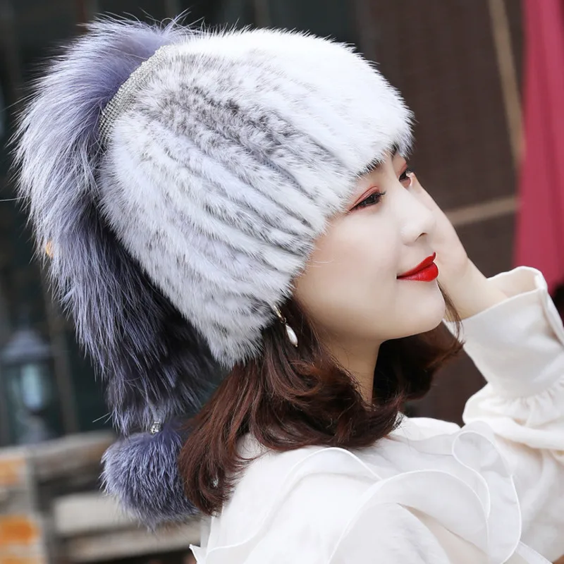 

Mink Fur Hat Women Winter Fur Hat With Fox Tail Warm Ear Protection Cap Fluffy Natural Fur Hat Luxury Knitted Real Mink Fur Hat