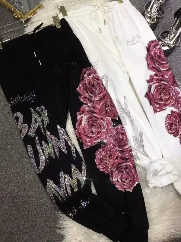 Heavyweight Rhinestone Women's Sweatpants Harlan Sle Floral Decorated Luxury Casual Trousers Long Pants Comfortable Fit
