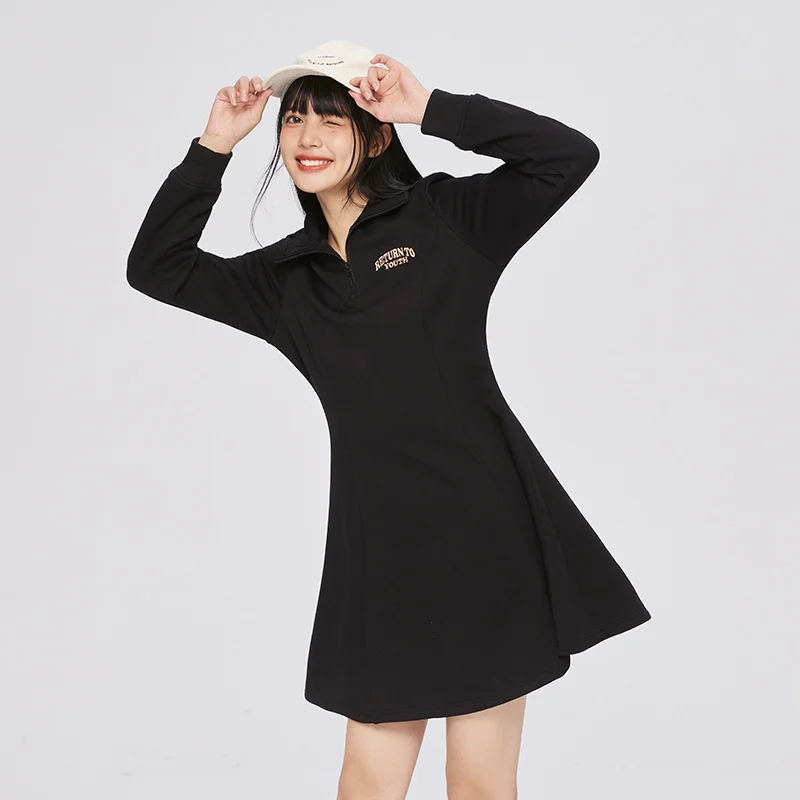 Semir Dress Women Polar Fleece Embroidery 2023 Winter New Stand-Up Collar Casual All-Match Dress