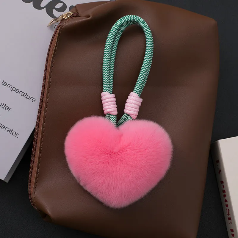 Echter Rex-Kaninchenfell-Herzanhänger, Flauschiger Ball als Rucksack-Dekoration, Handgefertigte Quaste als Geschenk – Detail 7