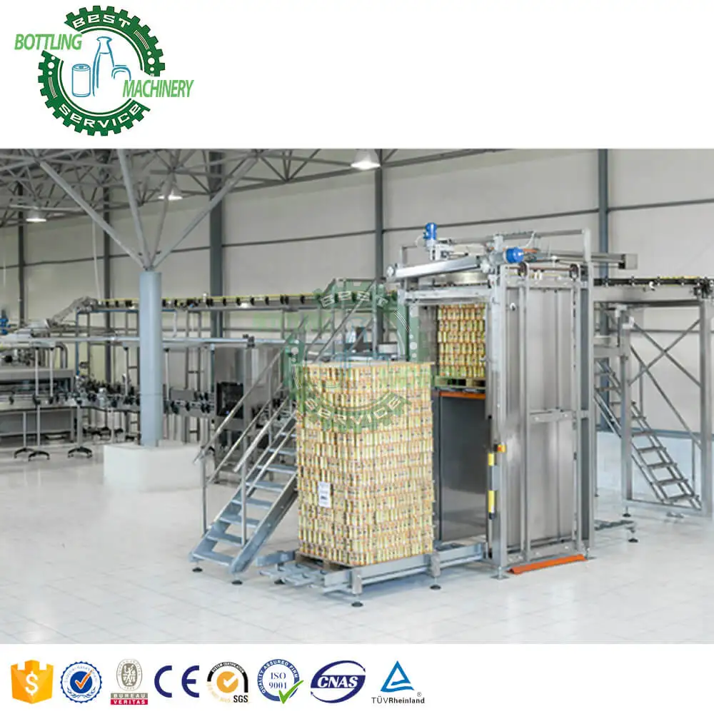 Stainless steel elevator forklift pallet conveyor sparkling soda water PET plastic empty beer can depalletizer machine