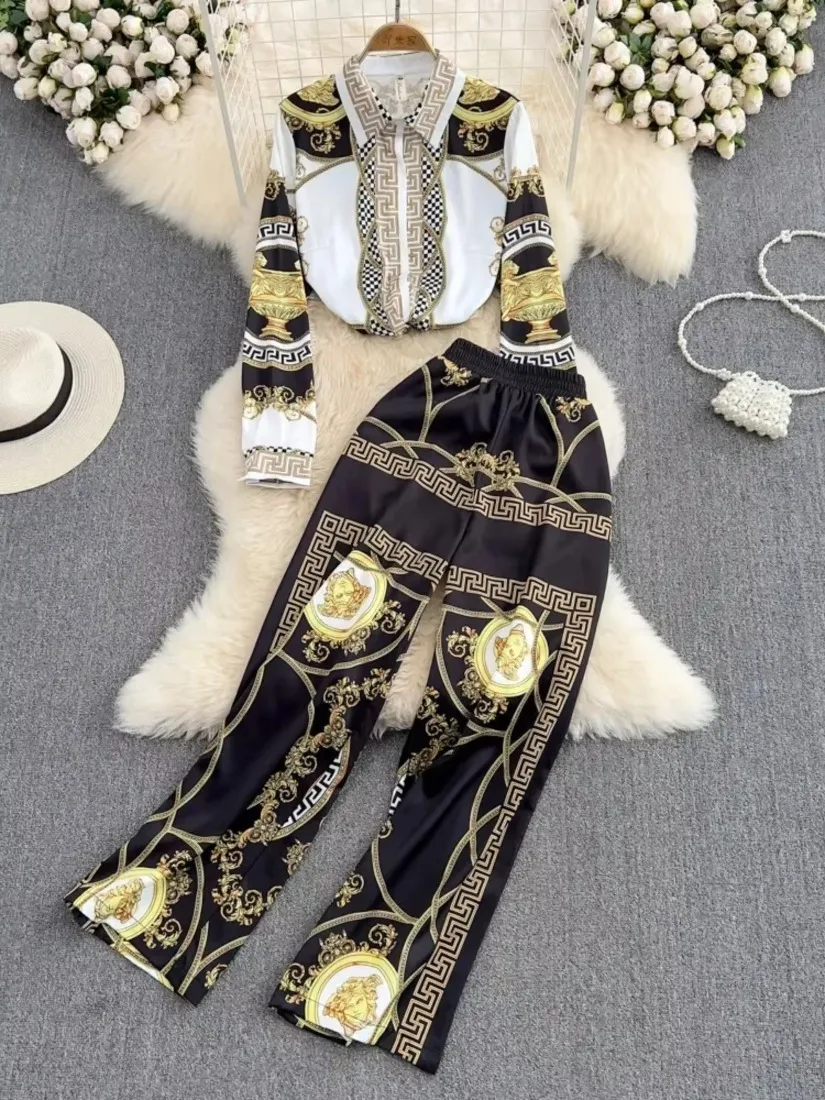 

ssTss женский модный брючный костюм из двух предметов, блузка с длинными рукавами и принтом, прямые широкие брюки с высокой талией, комплект офисной рабочей одежды