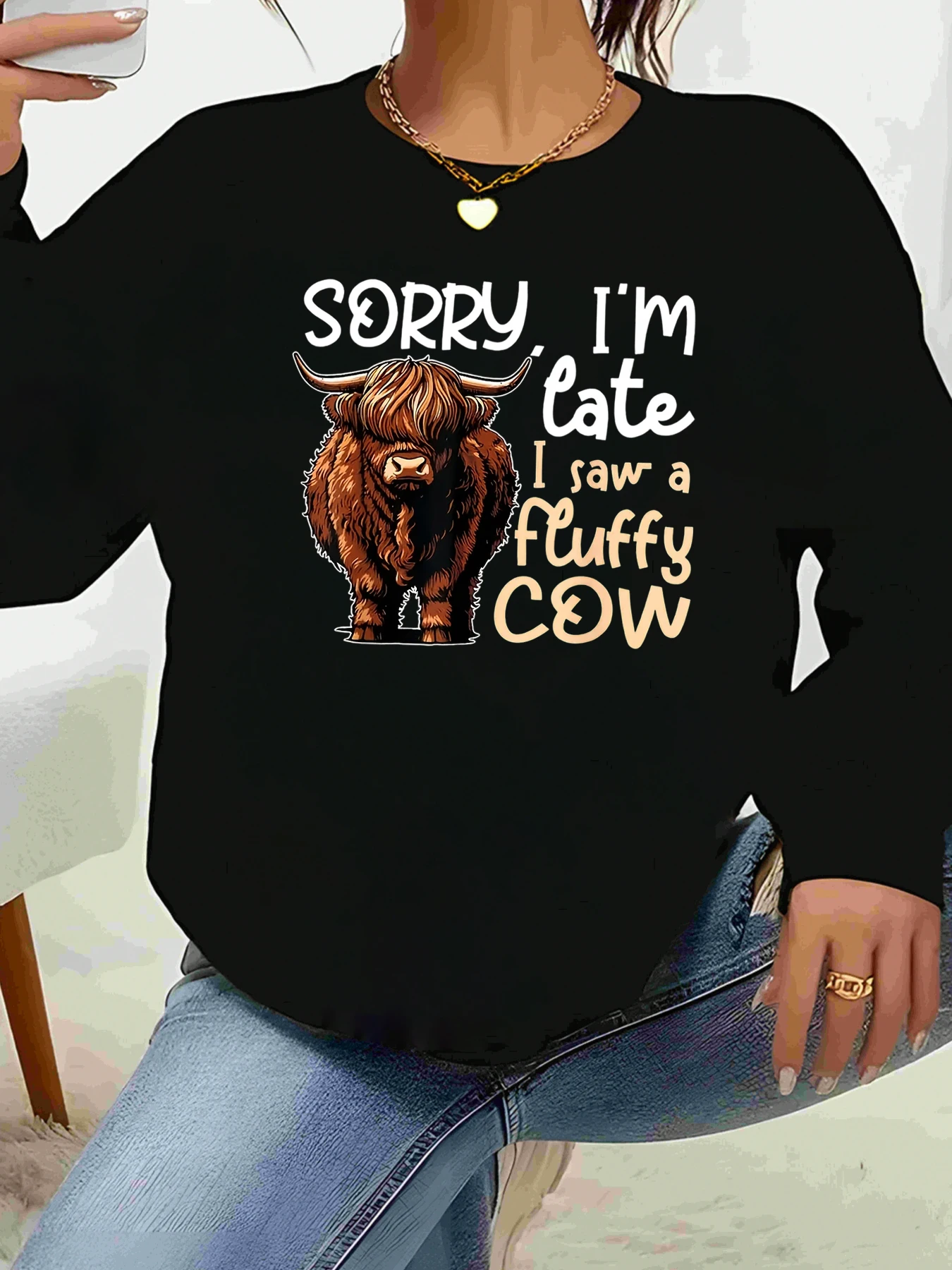 

Пушистая футболка с длинными рукавами и принтом коровы, осенняя повседневная одежда, женская мода