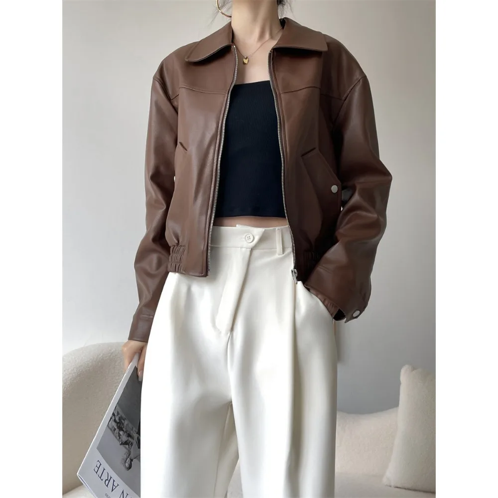 Leather Coat Lady 2024 Autumn Winter American Vintage PU Leather Jacket Small Motorcycle Faux Leather Jacket Women High Street