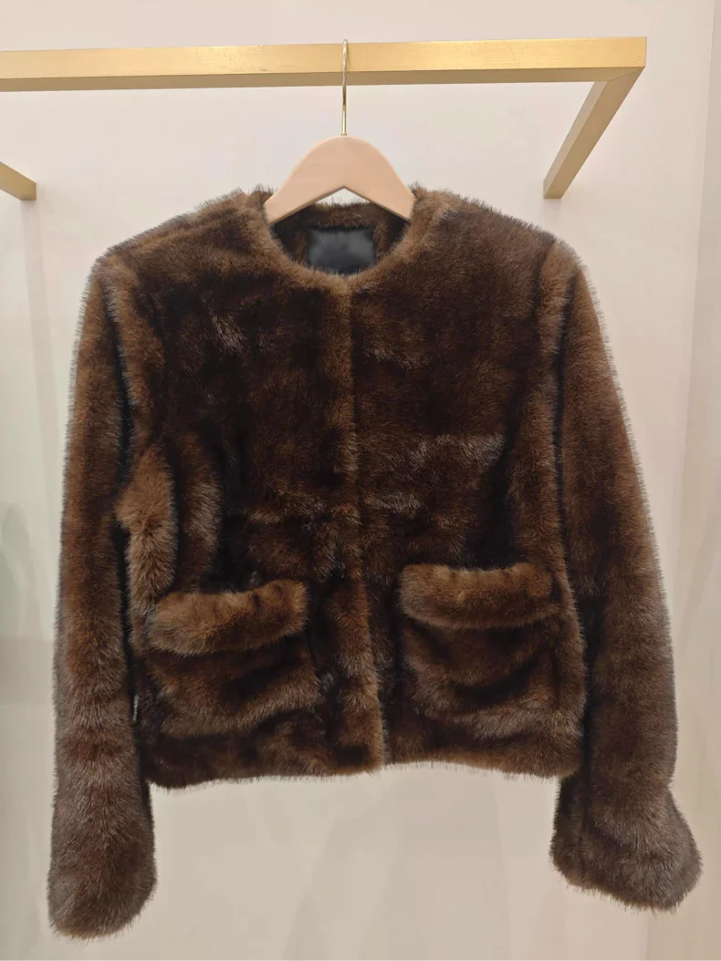 M Home Winter New Fashion Brown round Neck Artificial Fur Smooth Hair Warm Soft Plush Short Coat Women's Daily Wear Thickened