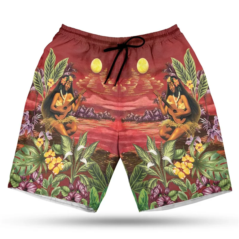 Heren 3d Bedrukte Hoelameisje Strandshort Hoeladanserpatroon Snel Droog Hawaiiaans Zwembroek Straat Losse Zomer Korte Broek