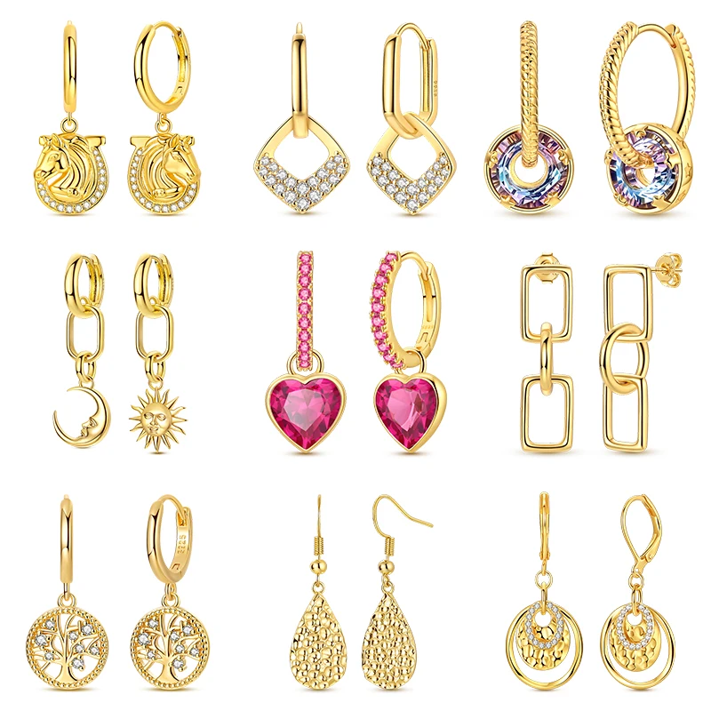 

Original 925 Sterling Silver Earrings Golden Feather Tree of Life Horse-Head Teardrop Earrings for Women Fashion Jewelry Gift