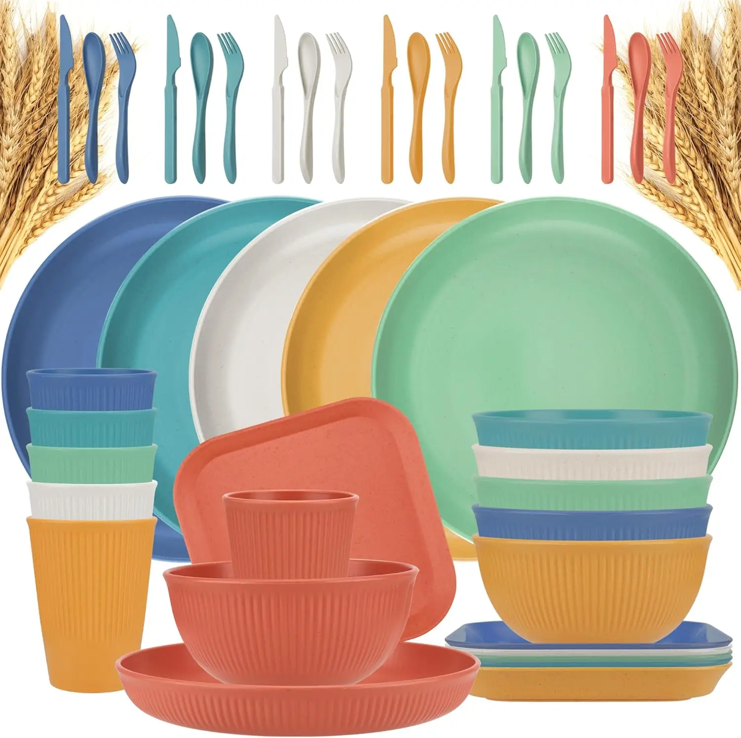 

42-Piece Plates and Bowls Sets Wheat Straw Dinnerware Sets Service for 6, Unbreakable Dishwasher