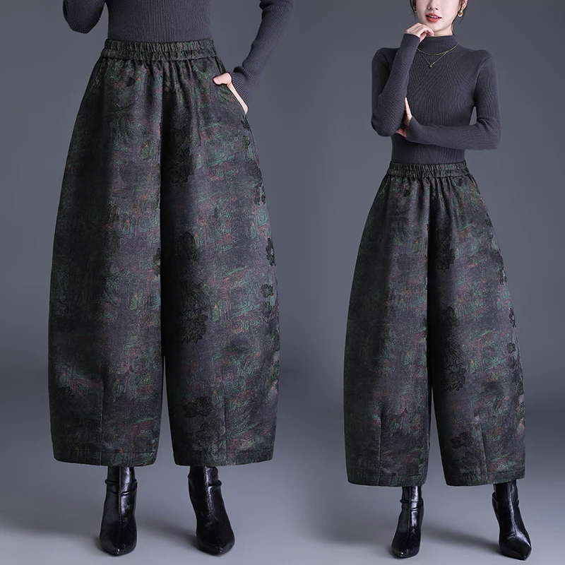Autumn Winter Women's Wide Leg Pants Chinese Style Floral Print  Shape Warm Cotton Bootcut Casual Pants Lantern Pants