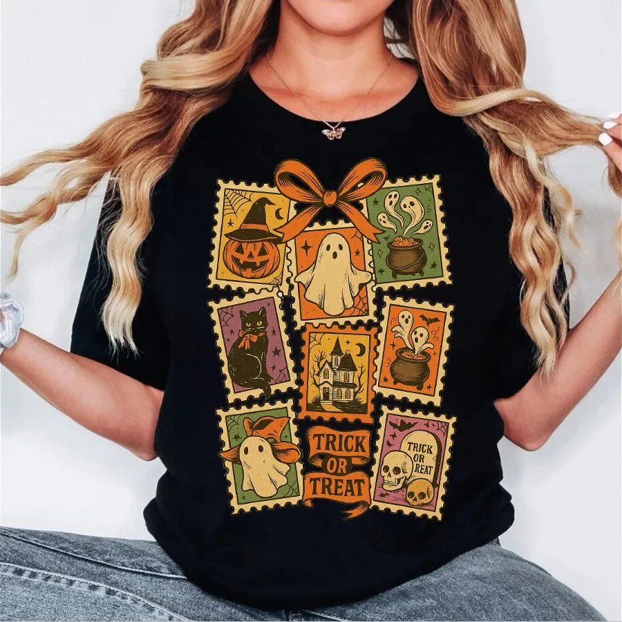 

Vintage Halloween Cat Ghost Girly Preppy Graphic Tops Short Sleeve Cotton Women T-shirts Oversized Streetwear Unisex Tee