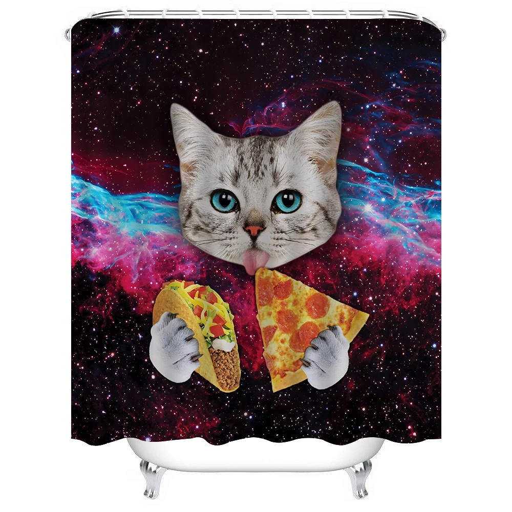 1pc Pizza Cat Shower Curtain Bathroom Partition Decorative Curtain Machine Washable Cute Cat Print Window Privacy Curtain