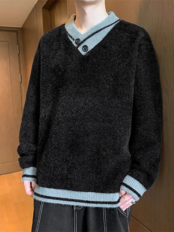 

Осень-зима мужской вязаный свитер Thiened Mink Velvet Warm Base irt Casual Sle V-Ne Long Sve Свободный крой Обычный L...